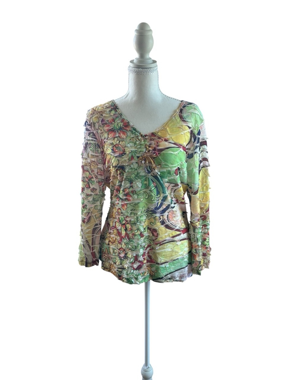 Cubism Long Sleeve V-neck Stained Glass Floral Design, Blouse, Women's Size L